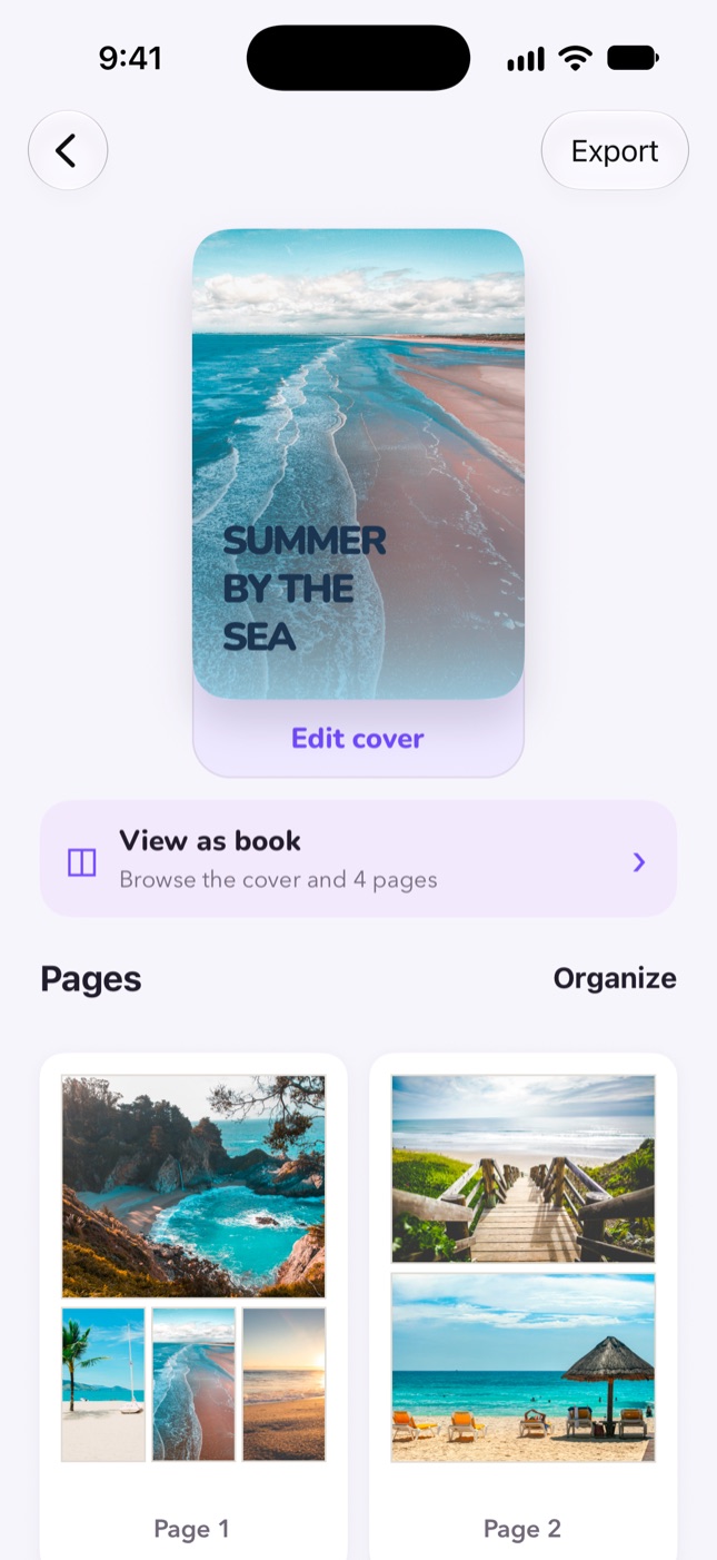 Alboo album screen with a beach cover titled Summer by the sea and the first generated pages
