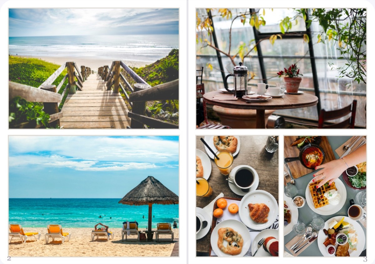 An Alboo album spread: beach and boardwalk photos on the left page, breakfast and café photos on the right