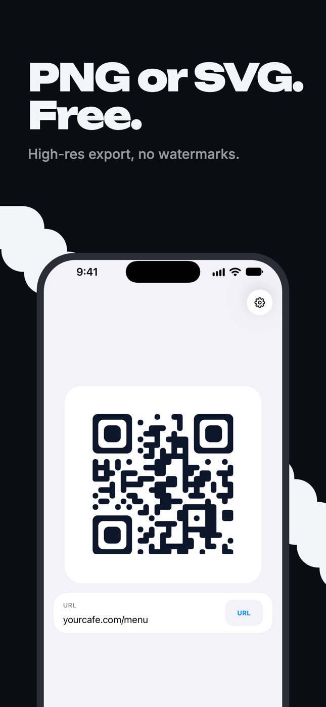 Finished black and white QR code ready to export as PNG or SVG